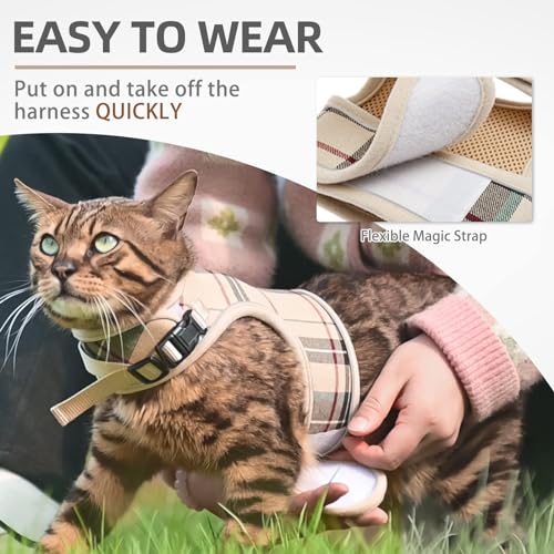 PUPTECK Soft Mesh Cat Vest Harness and Leash Set Puppy Padded Pet Harnesses Escape Proof for Cats Small Dogs Rabbits Bunny, Plaid Beige, M - color: Beige(Plaid), size: M(NECK 7", CHEST 10.5", 4-6 lbs)