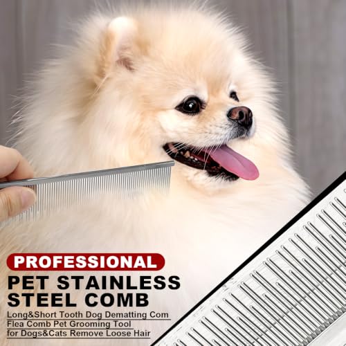 Professional Pet Stainless Steel Comb for Dogs&Cats 6.1in/15.5cm | Long&Short Fine Tooth,Dematting Com for Dogs&Cats,Flea Comb,Pet Grooming Tool,Remove Loose Hair Knots Tangles Dirt Fleas