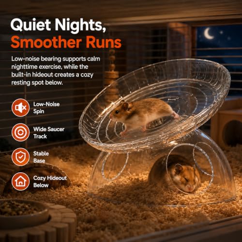 Silent Hamster Wheel with Hamster Hideout, Quiet Flying Saucer Exercise Wheel for Dwarf Hamsters, Stable Running Wheel, Small Animal Cage Accessory, Easy to Clean (Lucency) | 2-in-1 flying saucer wheel with hideout, quiet spin, wide track, clear body, sta