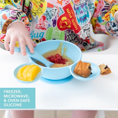 Bumkins Disney Baby Bowl, Silicone Feeding Set with Suction for Baby and Toddler, Includes Spoon and Lid, Essentials for Baby Led Weaning,for Babies 4 Months, Mickey Mouse Light Blue - color: C4 Mickey Mouse LBlu, style: Disney