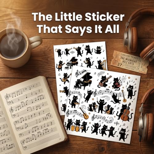 Cat Piano Stickers Black Cat Stickers Music Kitten Decals | Waterproof vinyl cat piano stickers with piano, guitar & drum designs. Cute piano stickers for beginners, laptop & case decor - style: Black Cat Music Orchestra Sticker Set