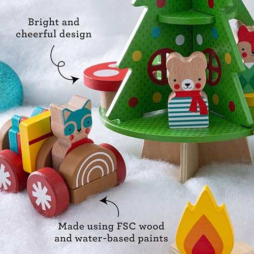 Petit Collage: Christmas Treehouse Wooden Play Set – Eco-Friendly FSC Wood Toy for Toddlers 12mo+ – Features Treehouse with Ladder, Animal Figures, Yule Log Car,Table & Accessories – Cozy