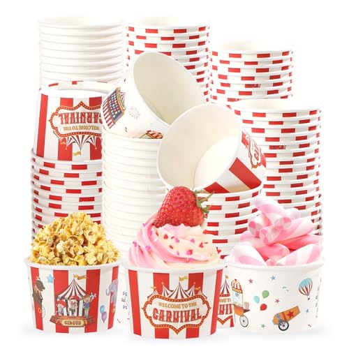 120Pcs 12oz Carnival Theme Ice Cream Cups for Hot or Cold Food | Circus Dessert Bowls Disposable Red White Large Snack Cups for Carnival Birthday Baby Shower Party Supplies - style: Carnival Dessert Cup