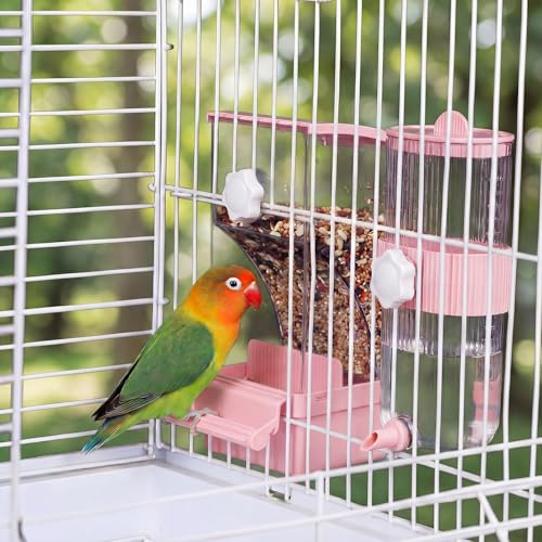 Novabright No Mess Bird Feeder Water Dispenser Set, Automatic Transparent Bird Food Container and 12 oz Automatic Water Feeder for Small Birds Parrot, Cockatoo, Canary, Cage, Lovebird, Budgies (Pink) - color: Pink