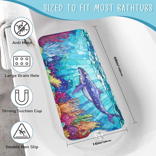EAN Animals Bathtub Mat Non Slip, Sea Baby Bath Mat for Tub Rubber Tub Mat, Cute Toddler Kids Bath Mats for Bathroom Whale Anti Slip Shower Mat with Suction and Drain Holes Machine Washable, 40″x16″ - color: D04, size: 40" x 16" (Rectangular)