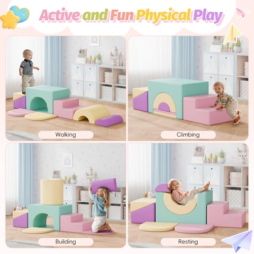 MU ‌Soft Climbing Toys for Toddlers, 7-Piece Baby Soft Foam Climbing Blocks, PU Leather Gym Climb and Crawl Activity Play Set, Indoor Climbing Toys for Kids and Children, Pink - color: Pink