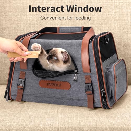 Premium Pet Carrier for Cat, Carry Purse with Head Hole, Seatbelt Buckles | High Qualiy Leather, Medium to Large Cat up to 20lbs, Small Puppy Dog 10lbs Car Travel Crate, Top & Side Load, Luggage Sleeve