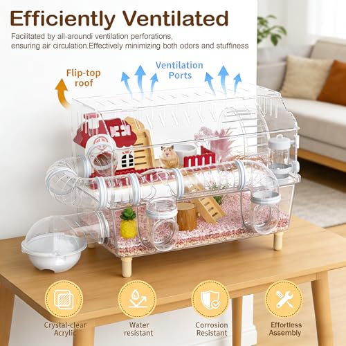 8 in 1 Acrylic Hamster Cage 2 Tier Dwarf Hamster Cage 360° Clear Viewing | Hamster Cage Transperant Hamster Habitat Top Open Gerbil Cage Mouse Cage with Tubes for Pet Mice (Clear, 17.7"x13"x11.8") ﻿