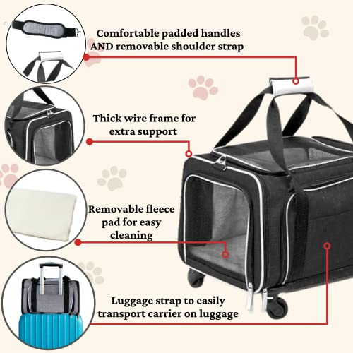 Airline Approved Expandable Premium Pet Carrier on Wheels- Two Sided Rolling Carrier- Designed for Dogs & Cats- Extra Spacious Soft Lined Carrier! (Black) (RL-PET-CARRIER-WHEELS) - color: BLACK