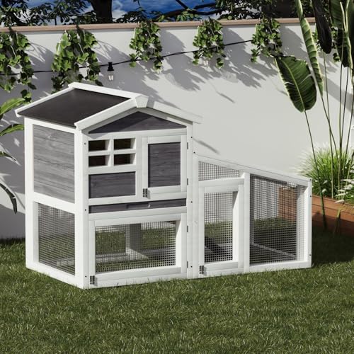2-Tier Wooden Rabbit Hutch - 54" Indoor/Outdoor Bunny Cage with Weatherproof Asphalt Roof, Non-Slip Ramp & Removable Tray, for Rabbits Guinea Pigs Chickens Grey | Grey Bunny Hutch With Weatherproof Asphalt Roof, Non-Slip Ramp, for Rabbits Guinea Pigs Chic