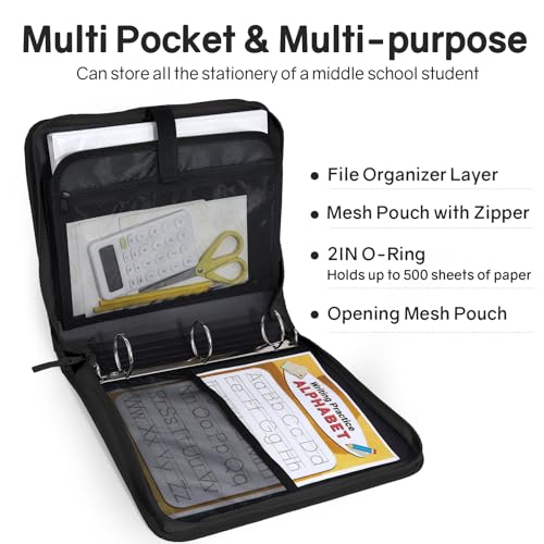 SUNEE Zippered Binder Bag with Handle, 2-Inch 3-Ring O-Ring, 500-Sheet Capacity, Includes Zip Pocket, 5-Tab Expanding File Folder, Multi-Pocket Organizer Binder for Middle School, Black - color: Black