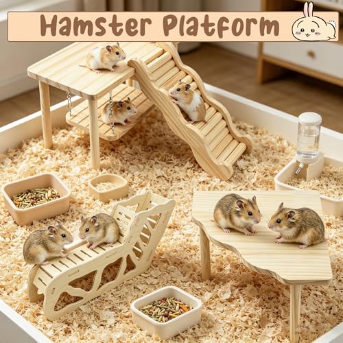 4Pcs Hamster Cage Accessories Platform Wooden Tunnel Hideout Toy | Hamsters Hideout Climbing Toy for Pets Dwarf Syrian Mice Degus Gerbils Squirrel or Other Small Pets