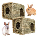 2 Pack 14.6"×10.2"×9" Foldable Large Grass Bunny House for Small Animals | Rabbit Hut Hideaway Bed with Hay Mat & Chew Toy, Fits Guinea Pigs, Hamsters & Small Animals