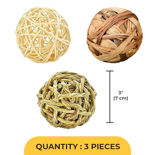 SunGrow 3 Pack Rabbit Chew Ball, Assorted Grass Teething Toy for Small Pocket Pet, Dental Wear Support, Boredom Relief Activity, Safe Woven Treat Enrichment for Bunny Guinea Pig Hamster Rat