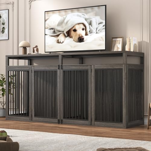 87In Farmhouse Dog Crate TV Stand, Wooden Dog Kennel Furniture with 2 Doors, Large Dog Crate Furniture for 2 Dogs, Solid Metal Tube & 4 Lockable Doors, Grey - color: Grey