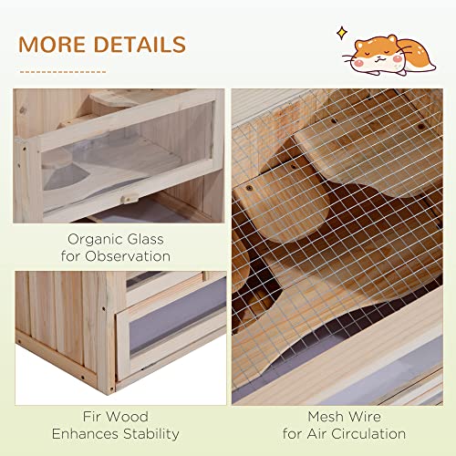 PawHut 2-Level Hamster Cage, Mouse Cage for Chinchillas, Natural | Mice and Rat House, Small Animal Habitat, Front Door, Shelf, Ladder, Openable Top - color: Natural Wood