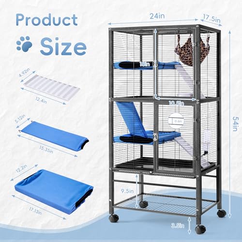 HABUTWAY 55''H Large Metal Rolling Ferrets Cage, Cage for Rats/Chinchillas, 0.5'' Bar Spacing for Ferret,Small Animal Cage w/Removable Ramp & Platform