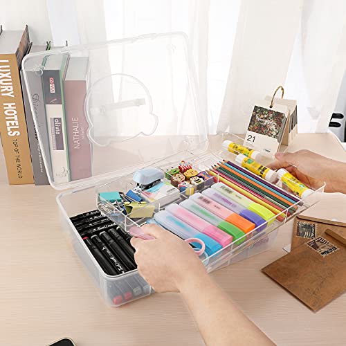 BTSKY 2-Tier Cute Bear Storage Box with Removable Divided Tray Portable Clear Plastic Art Craft Supply Organizer Stackable Home Office Supplies Storage Container for Pens Notes A4 papers etc (Clear) - color: Clear