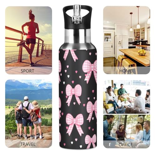Pink Bow Heart Water Bottle Girls Stainless Steel Bottle with Straw Lid | Kids Leak Proof Boys Girls Insulated Tumbler Cup for School 20 oz - color: Multi10