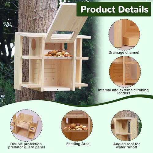 Widened Extra Large Wooden Squirrel Family House for Outside | Dual Protective Entry Design, with Squirrel Feeder, Squirrel Nesting Box with Multi-Platforms for Nesting & Shelter - size: Widened Extra Large