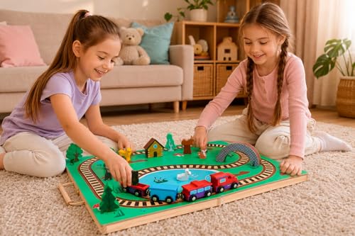 Imagine & Play Nature Explorer – 17 Piece Wooden Train Set with Foldable Carrying Board, Forest Animals & Bridge – Toddler Toys, Train Toys, Toys for Kids Boys & Girls 3+, Gifts for 3 Year Old Boys