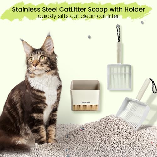 Cat Litter Scoop with Holder, Stainless Steel, Non-Slip Handle | Stainless steel litter scoop with holder captures clumps fast and includes a mini broom and dustpan for easy cleanup - color: White