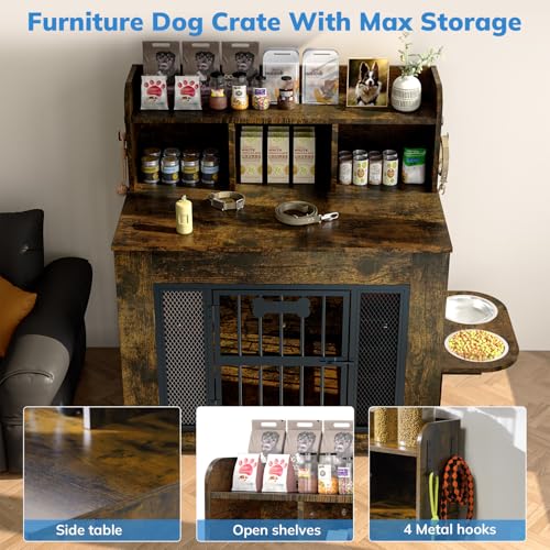 Petrova 33" Dog Crate Furniture with Storage Shelf & 2 Stainless Steel Bowls, Heavy Duty Indoor Dog Kennel for Medium/Small Dogs, Wooden Dog Cage with 4 Hooks, LED Light, Walnut Brown - color: Brown, size: 33.9"L x 21.9"W x 37.2"H