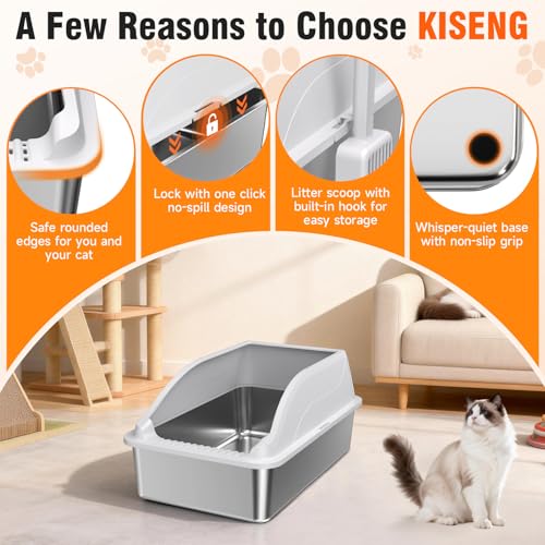 Stainless Steel Cat Litter Box, Extra Large XL Odor Free Metal Litter Box with High Sides Lid, Open Top Litter Pan Include Scoop Easy Cleaning Kitty Cat Box Anti-Urine Leakage, Non-Sticky - color: Light Grey XL