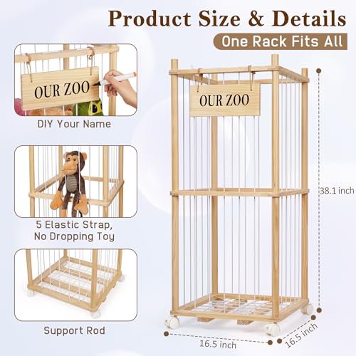 Stuffed Animal Storage Zoo, Wooden Stuffed Animal Organizer with Wheels | Stuffy Storage with Upgraded 5-Row Elastic Cords, Space-Saving Plush Toy Storage Holder for Playroom, Bedroom, Nursery - color: Wood, size: Small