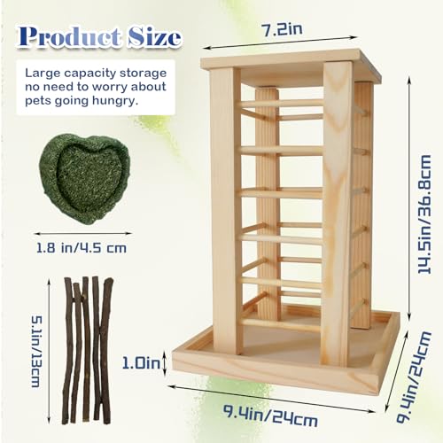 kathson Rabbit Wooden Hay Feeder,Wooden Rabbit Hay Rack Less Wasted Guinea Pig Hay Holder Wood Small Animal Hay Feeder Self Standing Cage Accessories for Chinchillas Hamsters Bunny