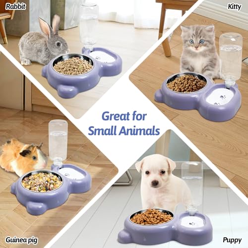 Tfwadmx Double Rabbit Bowls Cat Automatic Feeder with Gravity Water Bottle No Spill Detachable Dog Stainless Steel Bowl Set for Bunny Puppy Kitty Kitten Ferret Squirrel - color: Purple