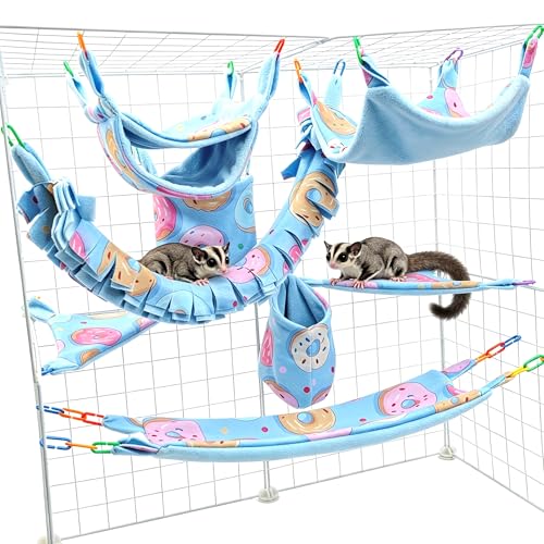 8 Pcs Sugar Glider Cage Set, Small Animal Fleece Hammock Set, Hanging Bed, Climbing Bridge and Toys for Sugar Gliders, Fancy Rats, Squirrels,Ferrets,Blue7126-2 - color: Blue