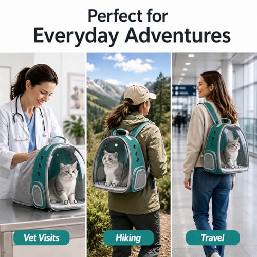 Expandable Cat Carrier Backpack with Bubble Window, Green | Breathable mesh, anti-collapse frame, side door, safety leash and escape-resistant zippers for vet visits and outdoor travel. - color: Green