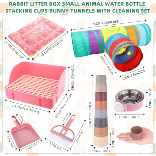 34 Pcs Rabbit Starter Kit Rabbit Litter Box Small Animal Water Bottle Cups Bunny Tunnels Animal Grooming Kit Bowl Blanket with Cleaning Set for Guinea Pig Bunny(Style 1,Light Pink)