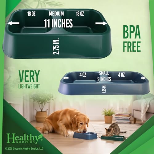 Lightweight BPA-Free Pet Feeder Bowl - Double Dish (16oz Each Side) for Dog & Cat Food & Water | Durable Plastic, Easy Clean, Made in USA (Blue, Medium) - color: Blue, size: Medium