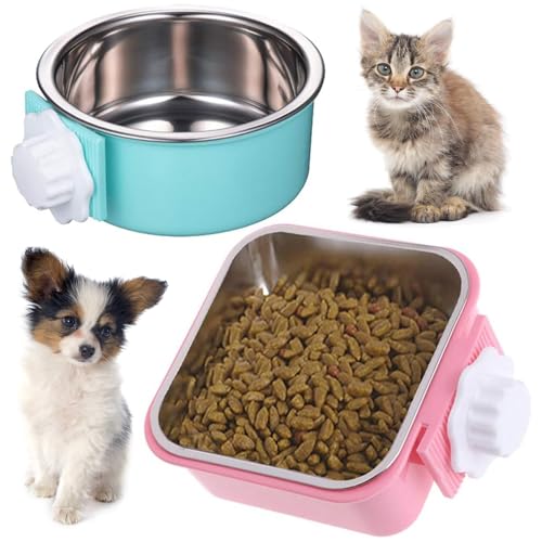 Hamiledyi 2-Pack Hanging Dog Bowls with Removable Stainless Steel Feeder - Spill-Proof Crate Bowls for Kennel/Cage, Puppy to Medium Dogs, Cats, Rabbits & Guinea Pigs (Durable Pet Food & Water Dishes) - color: D：Blue+Pink