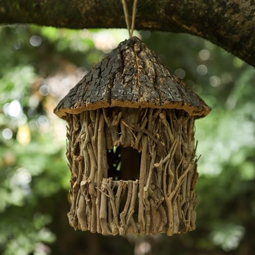 Twig-Covered Cylinder Birdhouse Squirrel House, 2.4" Entry for Medium Birds, Natural Branch Exterior & Waterproof Interior, Woodland Garden Backyard Decor - style: Cylindrical House