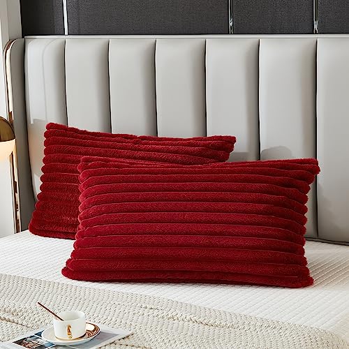 Bed Pillowcase King Set of 2 Striped Faux Rabbit Fur and Velvet Back Rectangle Lumbar Pillow Covers Shams Modern Home Decorative (Burgundy, 20 x 36 Inch) - color: Burgundy, size: 36" x 20" (Pack of 2)
