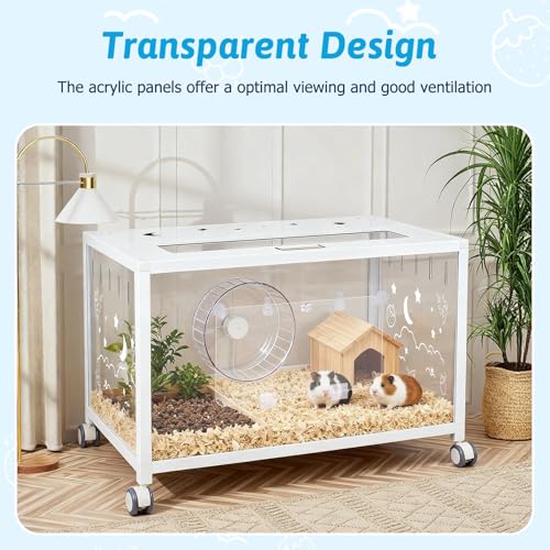 Large Hamster Cage, Hamster Habitat 360° Viewing Guinea Pig Cages Hamster Tank with 2 Door and Wheels Small Animal Habitat for Syrian Dwarf Gerbils Rats Guinea Pigs