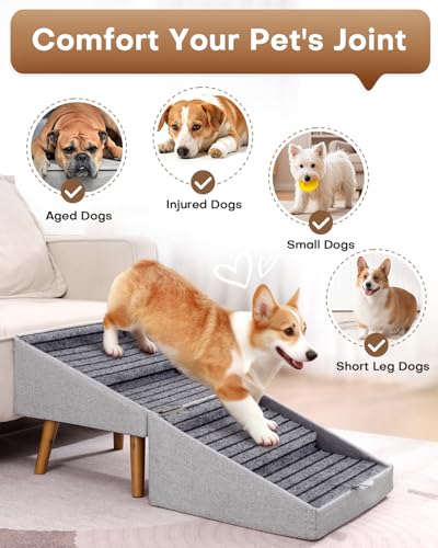 17.13" H Split Ottoman Dog Stairs for Couch and Bed, Dog Ramp for Small Dogs and Cats, Foldable 2 in 1 Pet Steps for Medium Large Dogs and Puppy, Non-Slip Wooden Doggie Steps - size: 17.13" H- Light Grey