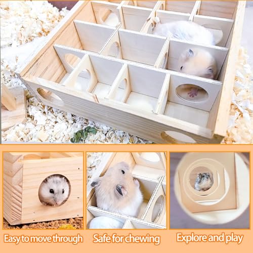 Kathson Wooden Hamster Tunnel Maze with Cover,Multichamber Hamster Hideout | Mice House Tunnel Exploring Toy for Dwarf Hamsters, Gerbils,Small Animals - color: Transparent-top hamster hideaway