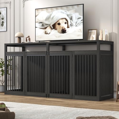 87In Farmhouse Dog Crate TV Stand, Wooden Dog Kennel Furniture with 2 Doors, Large Dog Crate Furniture for 2 Dogs, Solid Metal Tube & 4 Lockable Doors, Black - color: Black