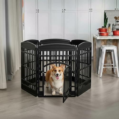 IRIS USA 6-Panel Dog Playpen, Pet Enclosure, Black | Pet Containment, Custom Pen Configuration, Flexible Boundary, Multi-Shape Setup, Tool-Free Assembly, Secure Door Latch - color: Black, size: 6 Panel - 34" H