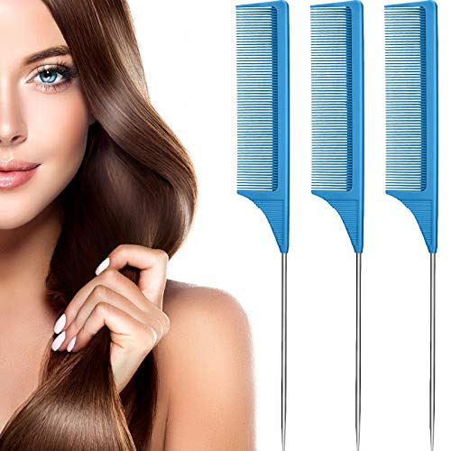 Leinuosen 3 Pack Rat Tail Comb Carbon Fiber,Blue | Steel Pin Tail for Sectioning, Heat Resistant Teasing, Pick Comb for Women Wig Styling, Fishtail Design for Salon Updos - color: Blue