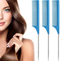 Leinuosen 3 Pack Rat Tail Comb Carbon Fiber,Blue | Steel Pin Tail for Sectioning, Heat Resistant Teasing, Pick Comb for Women Wig Styling, Fishtail Design for Salon Updos - color: Blue