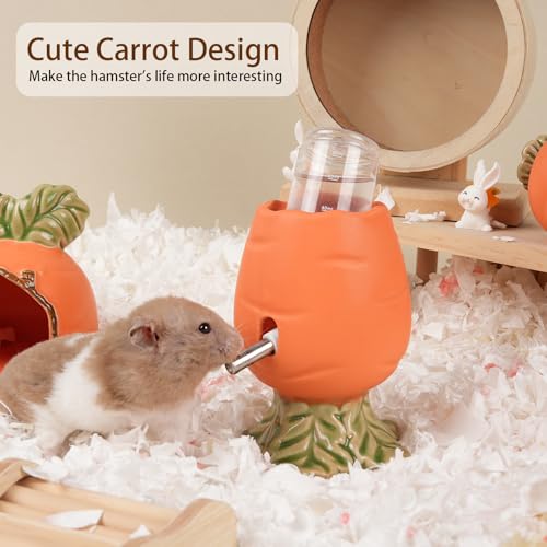 80ML No Drip Ceramic Hamster Water Bottle for Glass Tank, Stable | Cute Carrot Shape Chew Proof Ceramic Water Dispenser, Heavy Duty Stand Holder for Syrian Dwarf Hamster, Mice, Rat - color: Orange
