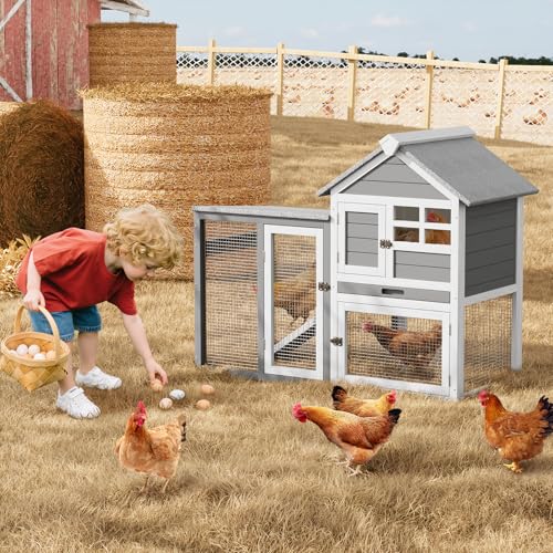 GarveeLife Small Wooden Chicken Coop, 2-Story Rabbit Hutch Indoor Outdoor with Waterproof Roof, Bunny Cage with Pull Out Tray and a Wooden Ramp
