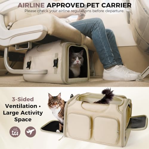 Dog, Cat Carrier for Pets Up to 12 Lbs, Airline Approved Collapsible Soft-Sided Pet Travel Bag with Locking Zippers, Breathable Mesh and 4 Large Pockets, Removable Fleece Pad (Beige) - color: Beige