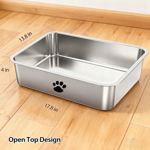 Stainless Steel Litter Box, Metal Cat Litter Pans-4“ Height Low Entry Indoor Pet Toilet Supplies for Kitty, Kitten, Rabbit, Puppy,No Stick Easy Clean-No Smell - size: 17.7" x 13.8"x 4"