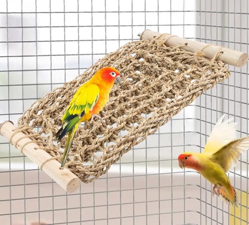 FlidRunest Conure Ladder Perch for Cage, Bird Seagrass Ladder Bridge Exercise Stands, Natural Hand-Woven Parrot Net Climbing Chewing Hammock, Cage Accessories - size: A(Only Seagrass Mat)